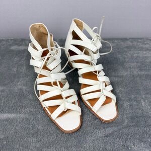 Womens White‎ Leather Gladiator Lace Up Heeled Sandals Strappy Open Toe Shoes 7